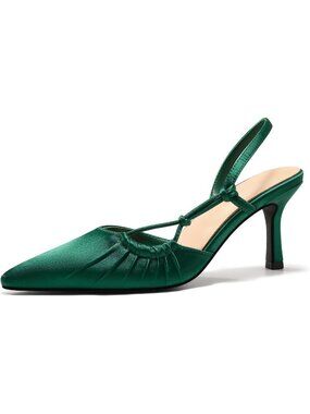 Women's Green Slingback Closed Pointed Toe Backless Kitten Pumps Wedding Heels